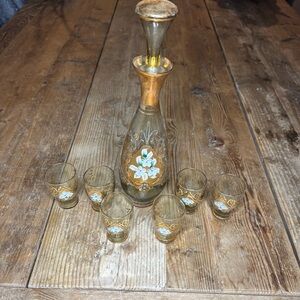 Vintage Italian Decanter Gold Raised Flowers Floral 6 Cordial Glasses